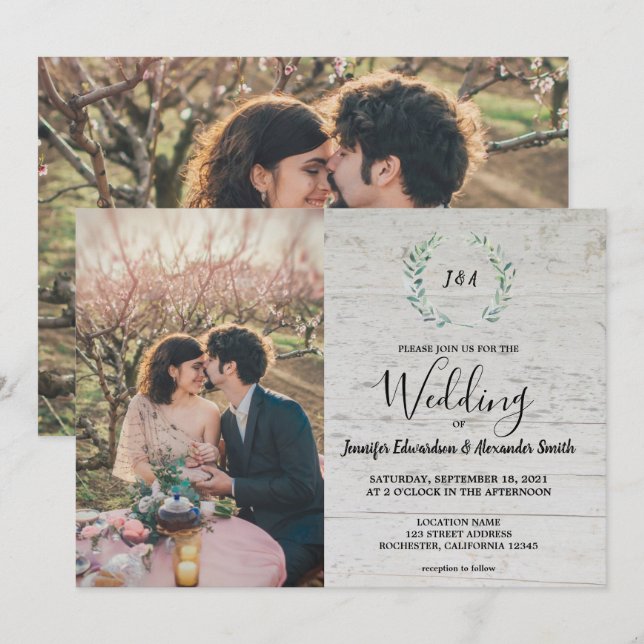 Rustic löv på monokulärfotografi av barrträ Bröllo Inbjudningar (Fram/baksida)