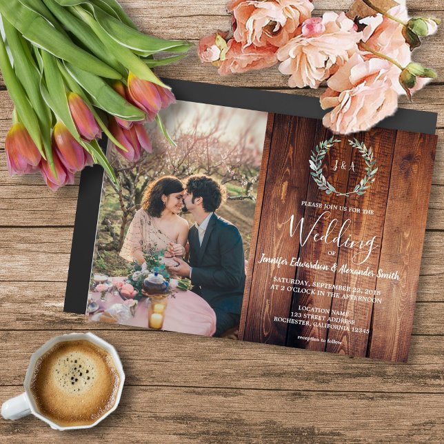 Rustic löv på monokulärfotografi av barrträ Bröllo Magnetisk Inbjudningskort (Rustic watercolor leaves, barn wood photo magnetic wedding invitation.)
