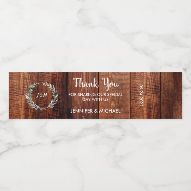 Rustic löv på trämonogram Bröllop tack. Vattenflaskor Etikett (Singel etikett)