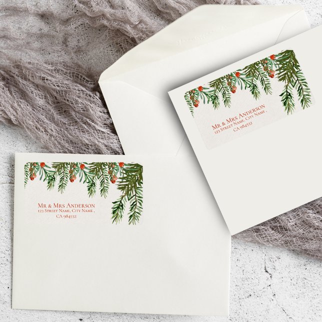 Rustic Löv Red Berry jul Bröllop Adress Adressetikett (Rustic Leaves Red Berry Christmas Wedding Address Label)