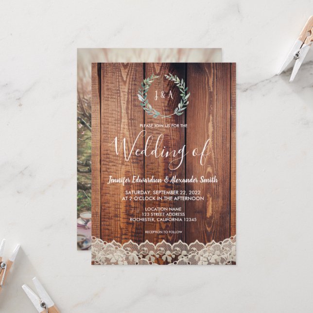 Rustic löv snöre på träfotot bröllop inbjudningar (Fram/Back In Situ)