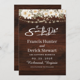 Rustic Löv String ljus Wood sparar datumet Inbjudningar