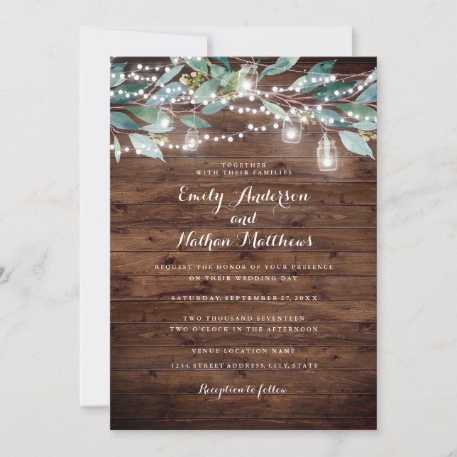 Rustic Löv String ljus Wood Wedding bjudande in Inbjudningar (Framsida)