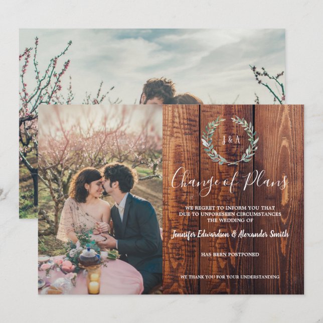 Rustic löv trämonogram bröllop annullering inbjudningar (Fram/baksida)