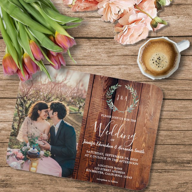Rustic löv wood Mongram Photo Bröllop Magnet (Rustic wood, watercolor leaves, monogrammed photo wedding magnetic invitation,)