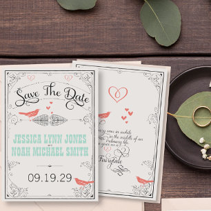 Rustic Love Bird Hearts Mint Coral Spara datumet