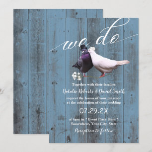 Rustic Lovebird Vi gör Dusty Blue Barn Bröllop Inbjudningar