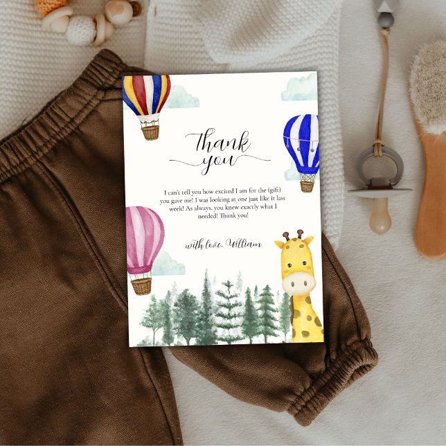 Rustic Luftballong Jungle Giraffe Baby Shower Tack Kort (Rustic Hot Air Balloon Jungle Giraffe Baby Shower Thank You Card)