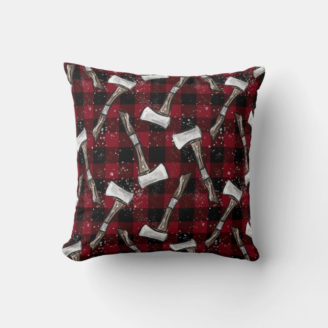 Rustic Lumberjack Axes on Buffalo Plaid Kudde (Framsida)
