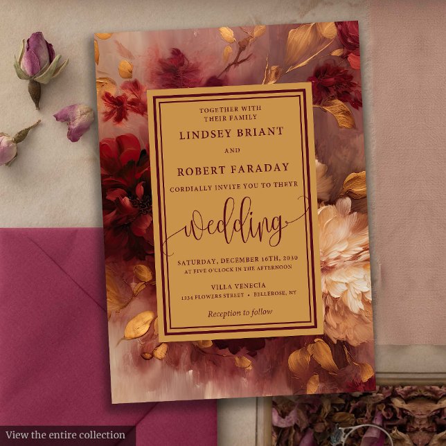 Rustic Lux Deep Red Guld Ro bröllopsinbjudan Inbjudningar (Rustic Lux Deep Red Gold Roses Wedding Invitation)