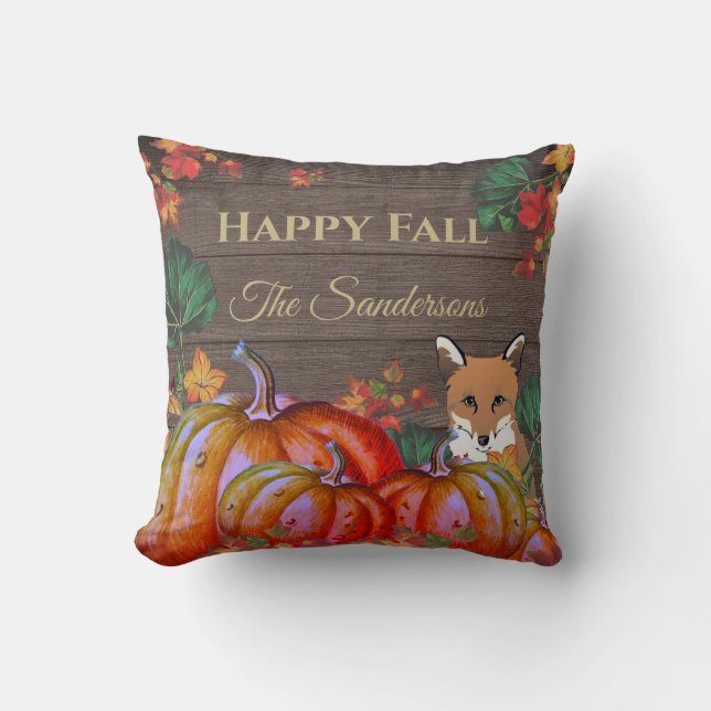 Rustic Lycklig Fall Orange Pumpkin Fall Fox Thr Kudde (Framsida)