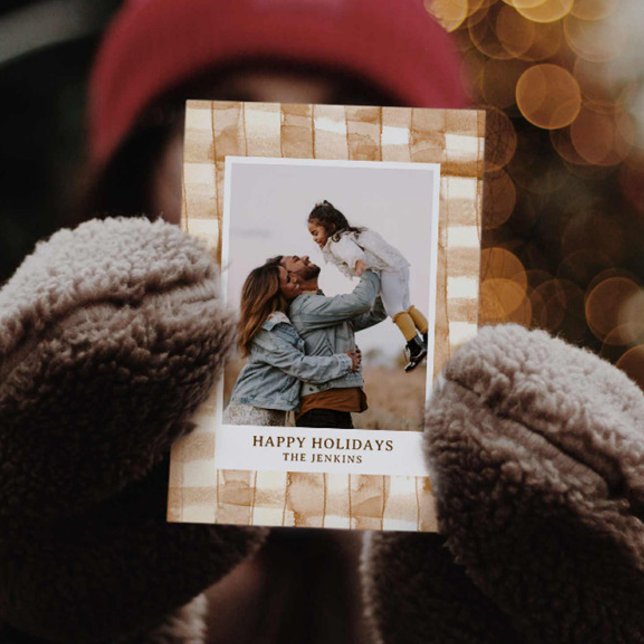 Rustic Lycklig Helgdag Gingham Play-fotokort Inbjudningar (Happy Holiday Gingham Plaid Photo Greeting Card)