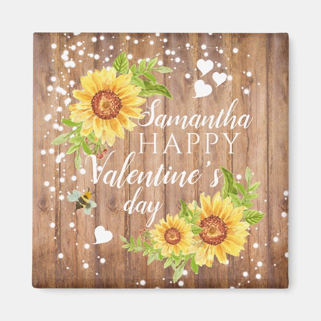 Rustic Lycklig Valentines Blommigt Solrosolja Magn Magnet (Framsidan)