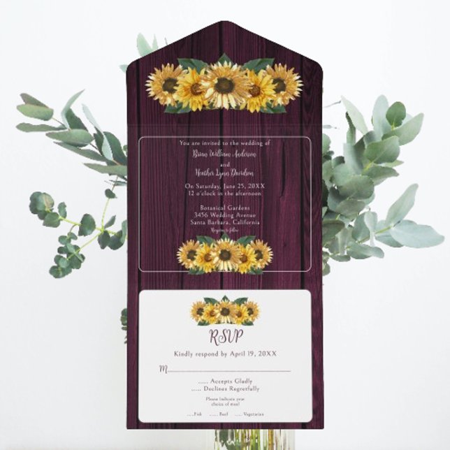 Rustic Magenta Solros Bröllop (Rustic Magenta Sunflower Wedding All in One Invitation)