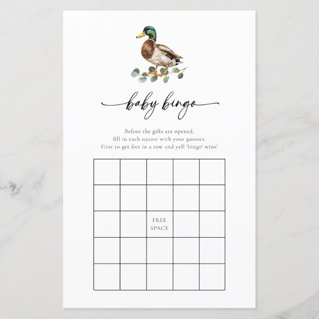 Rustic Mallard Anka Baby Shower Bingo Game Card (Framsida)