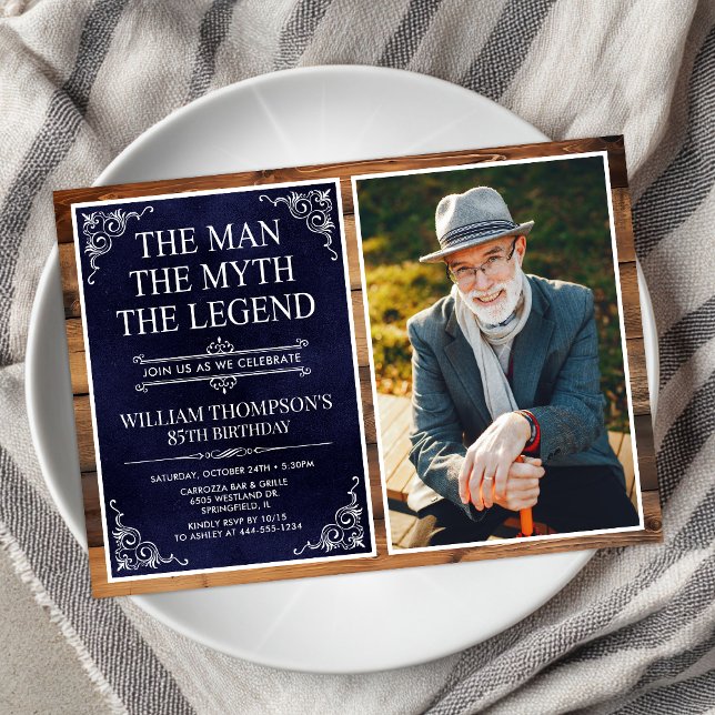 Rustic Man Myth Legend Blue 85 Birthday Photo Inbjudningar (Skapare uppladdad)