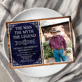 Rustic Man Myth Legend Blue 90:e Birthday Photo Inbjudningar