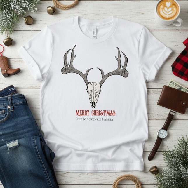 Rustic Manar Hjort Head Reindeer Skull Antlers T Shirt (Merry Christmas Mens TShirt with Reindeer Skull & Antlers Illustration in Black Ink. Gothic Vibes)