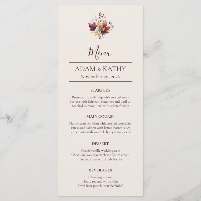 Rustic Maple Leaf Fall Wedding Menu Card Meny (Framsida)