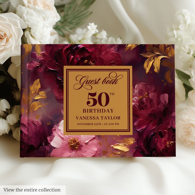Rustic Maroon  Guld Flowers 50:e födelsedagen Gästböcker (Rustic Maroon Blush Gold Flowers 50th Birthday Guest Book)