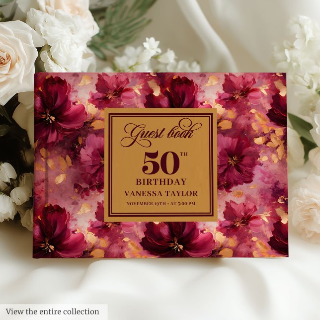 Rustic Maroon  Guld Flowers 50:e födelsedagen Gästböcker (Rustic Maroon Blush Gold Flowers 50th Birthday Guest Book )