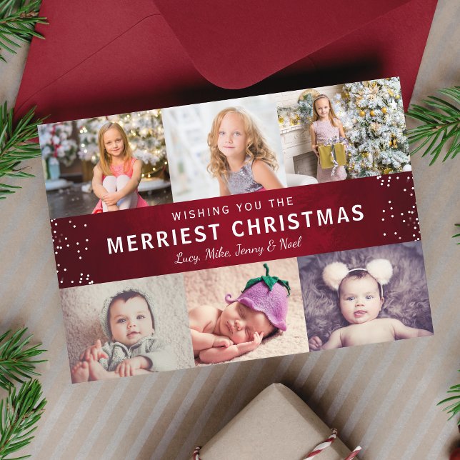 Rustic Maroon Red Winter jul Photo Collage Julkort (Skapare uppladdad)
