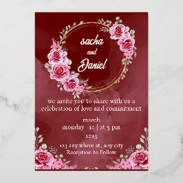 Rustic Maroon Winter Wedding Blommigt Foil Invatio