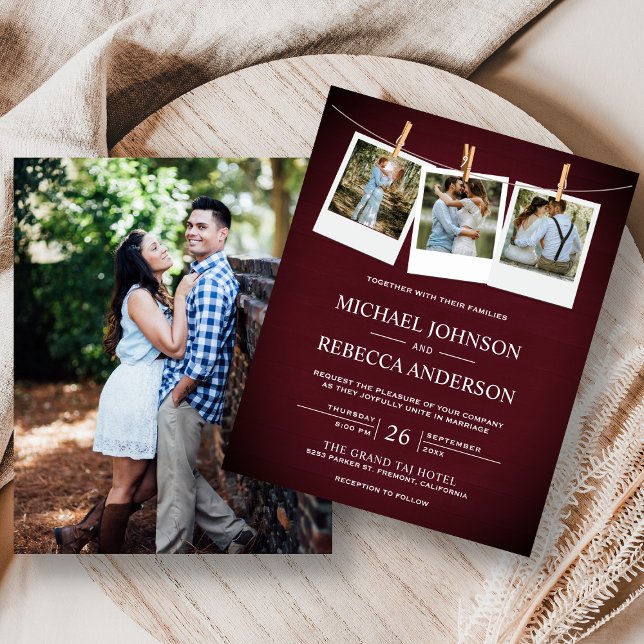 Rustic Maroon Wood Photo Budget Wedding bjudande (Skapare uppladdad)