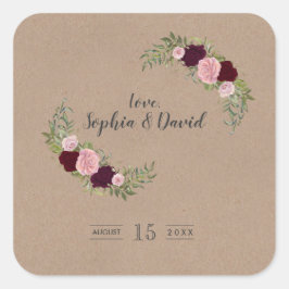 Rustic Marsala Blommigt Craft Papprare Bröllop Fyrkantigt Klistermärke