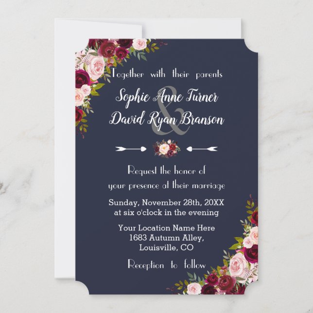 Rustic Marsala Blommigt Navy Blue Bröllop Inbjudningar (Framsida)