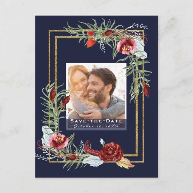 Rustic Marsala Blommigt Navy Photo Save Date Meddelande Vykort (Framsida)