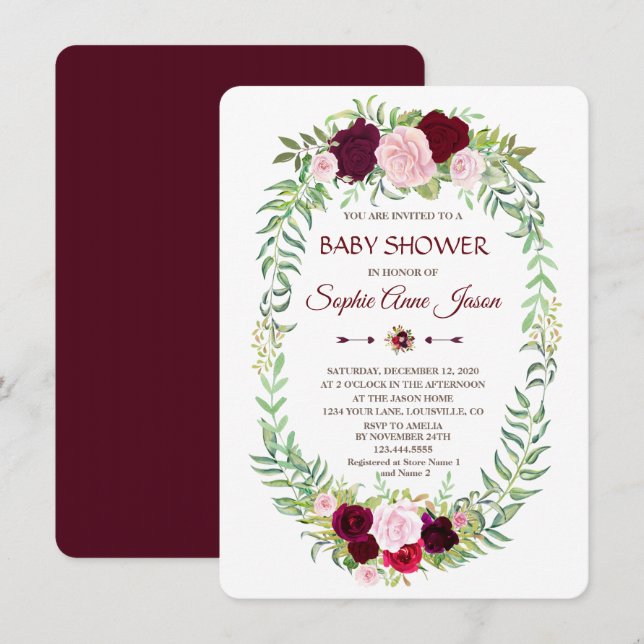 Rustic Marsala Blommigt WandeBaby Shower Inbjudningar (Fram/baksida)