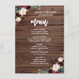 Rustic Marsala Burgundy Blommigt Bröllop Menu Meny