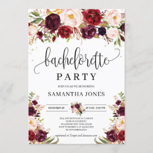 Rustic marsala burgundy blommigt guld bachelorette inbjudningar