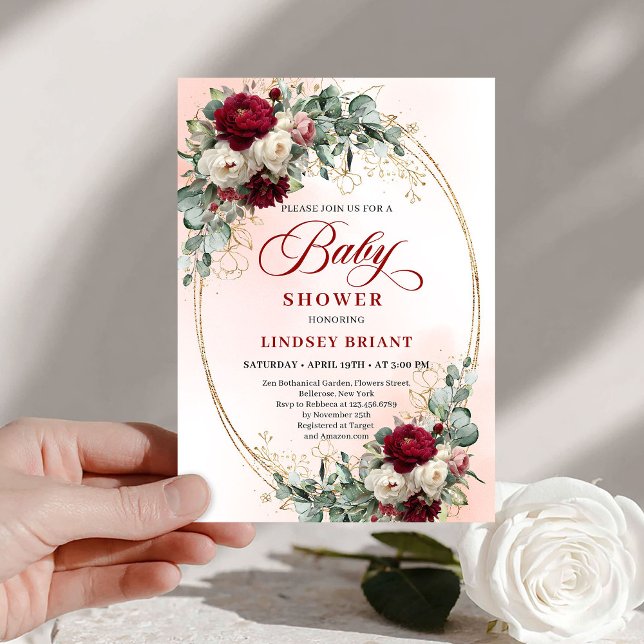 Rustic Marsala Floral Gold Baby Shower Invitation Inbjudningar (Rustic Marsala Floral Gold Baby Shower Invitation)