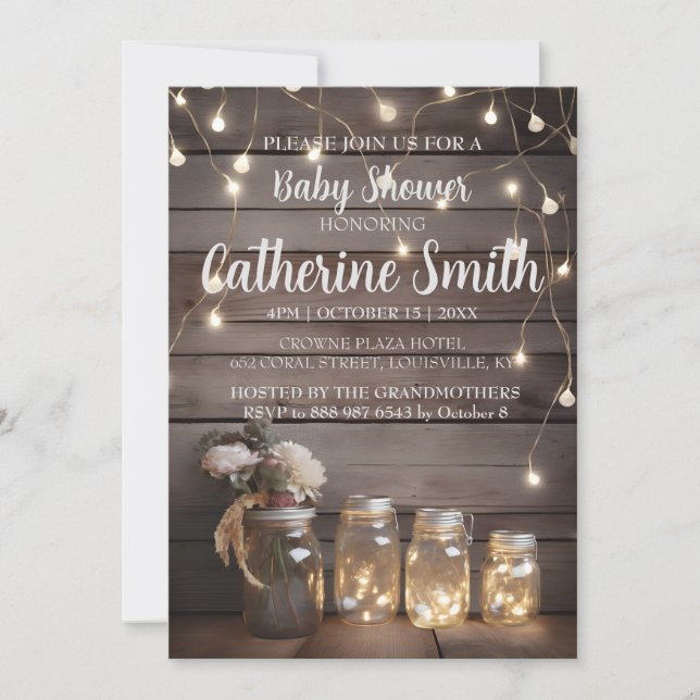 Rustic Mason Burk Baby Shower Wood Barn Background Inbjudningar (Framsida)