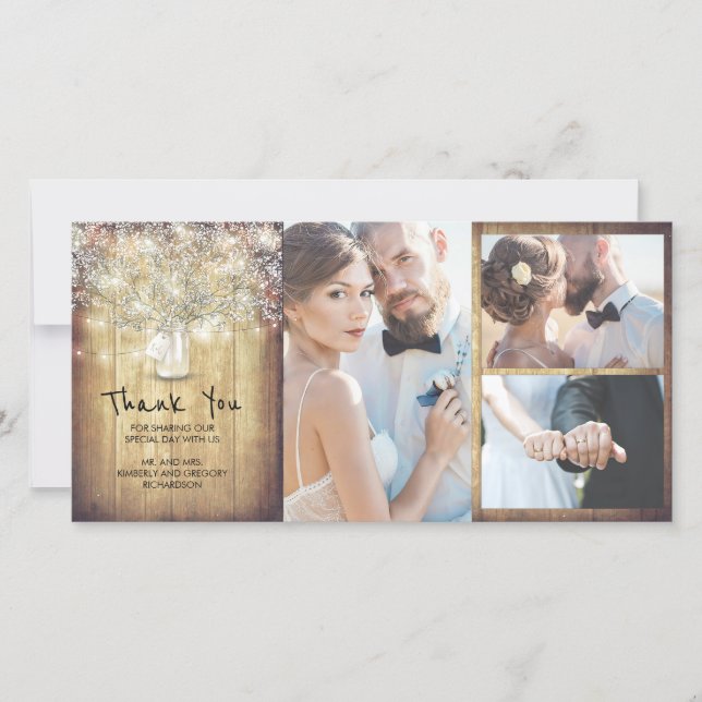 Rustic Mason Burk Baby's Band Bröllop Tack Kort (Framsida)