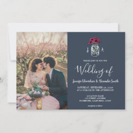 Rustic Mason burk, blått monogramfoto Bröllop Inbjudningar