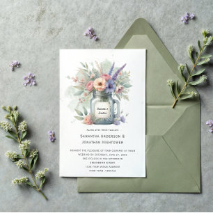 Rustic Mason Burk Blommigt Bouquet Bröllop Inbjudningar