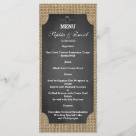 Rustic Mason Burk Burlap Bröllop Menu Meny