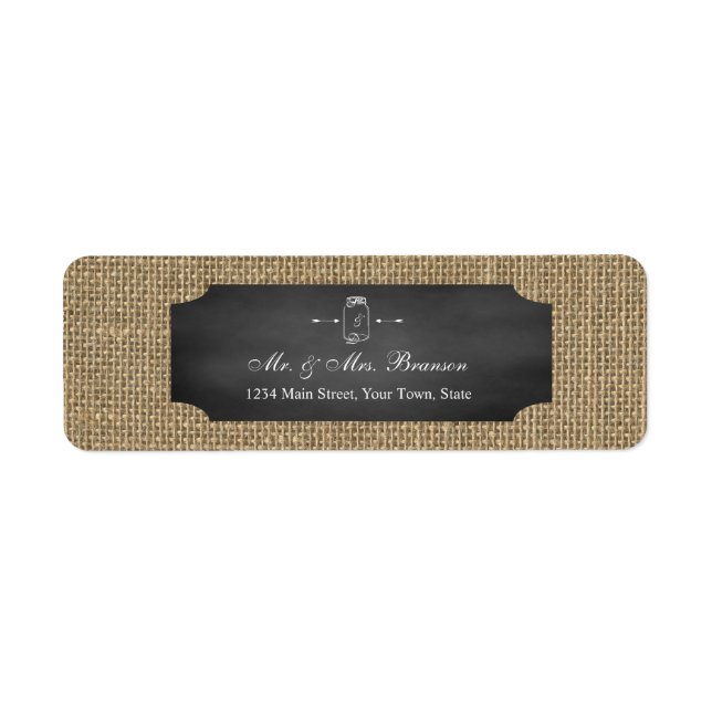 Rustic Mason Burk Chalkboard Burlap Bröllop Returadress Etikett (Framsidan)