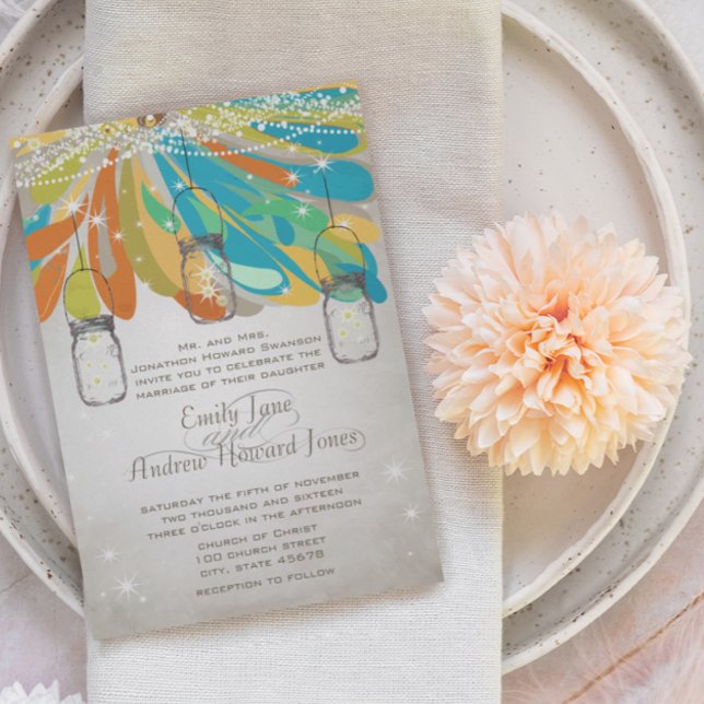 Rustic Mason Burk Gult Orange Turcos Fairytale Inbjudningar (Skapare uppladdad)