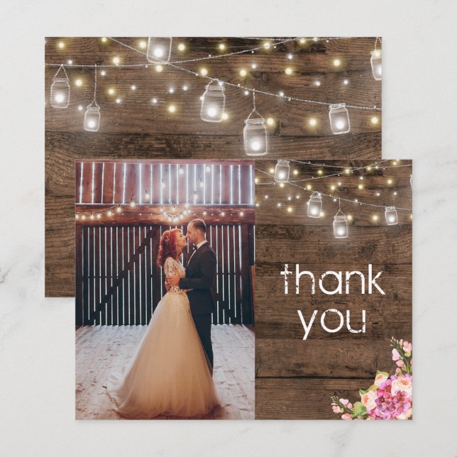 Rustic Mason Burk Ljus Blommigt Photo Tack Inbjudningar (Fram/baksida)