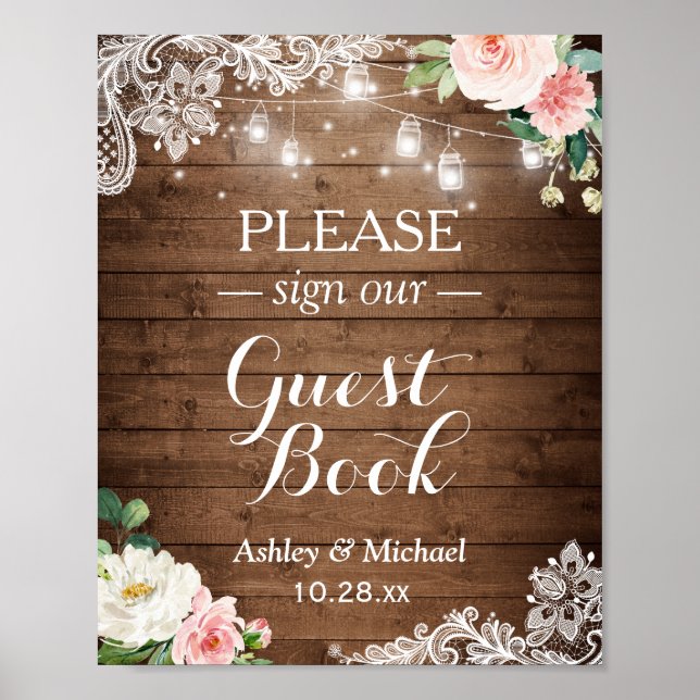 Rustic Mason Burk Ljus Blommigt Snöre Guestbook Poster (Framsidan)