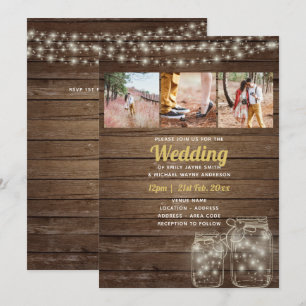 Rustic Mason Burk Ljus PHOTO COLLAGE Bröllop Inbjudningar