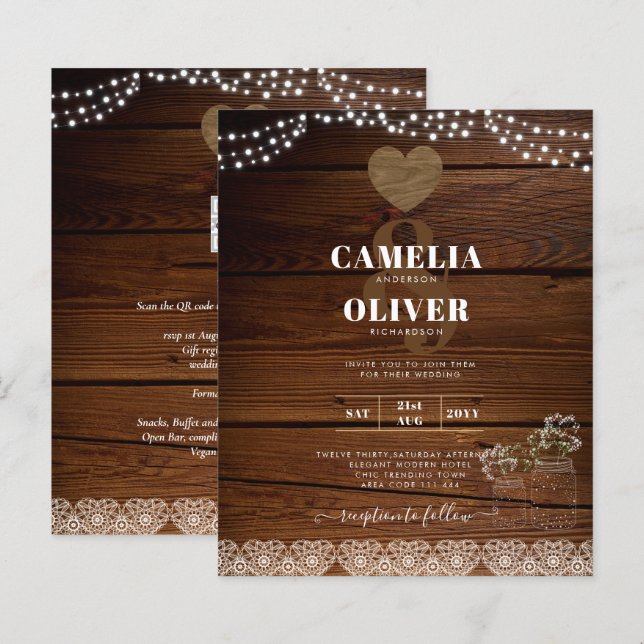 Rustic Mason Burk Ljus Snöre Gypsophilia BRÖLLOP (Fram/baksida)