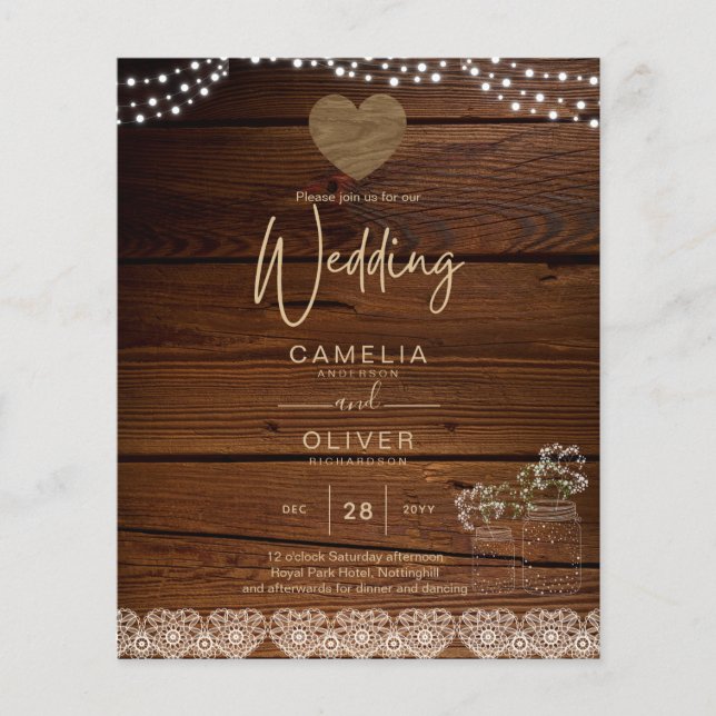 Rustic Mason Burk Ljus Snöre Gypsophilia BRÖLLOP Flygblad (Framsidan)