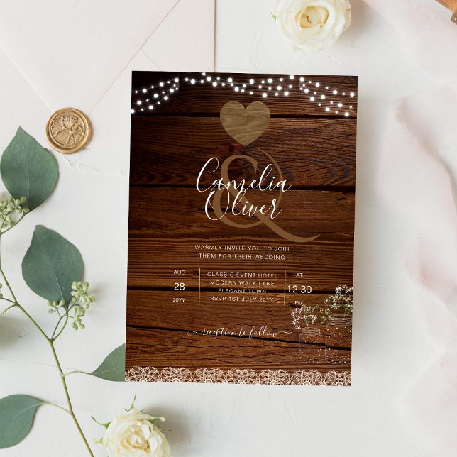 Rustic Mason Burk Ljus Snöre Gypsophilia BRÖLLOP Flygblad (Skapare uppladdad)