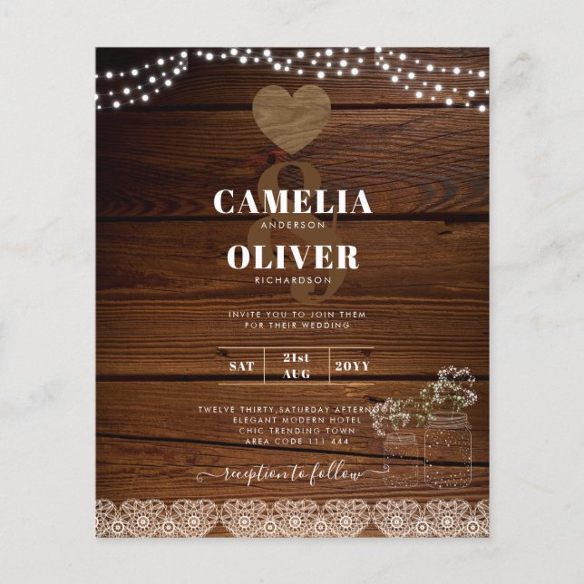 Rustic Mason Burk Ljus Snöre Gypsophilia BRÖLLOP Flygblad (Framsidan)