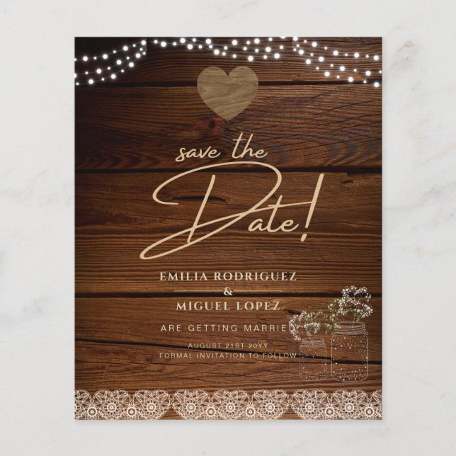 Rustic Mason Burk Ljus Snöre Gypsophilia BRÖLLOP Flygblad (Framsidan)